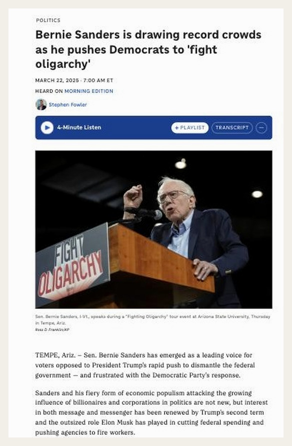 Bernie Sanders is drawing record crowds as he pushes Democrats to 'fight oligarchy'