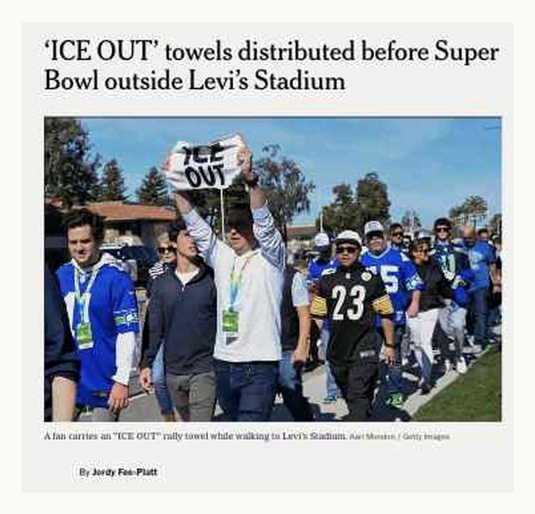 'ICE OUT' towels distributed before Super Bowl outside Levi's Stadium